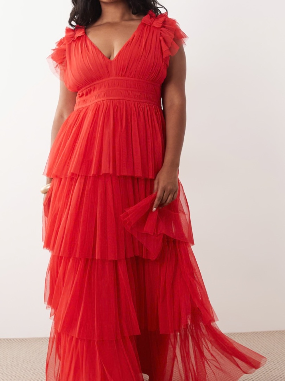 ASOS Lace & Beads Plus tulle ruffle detail tiered maxi dress in red